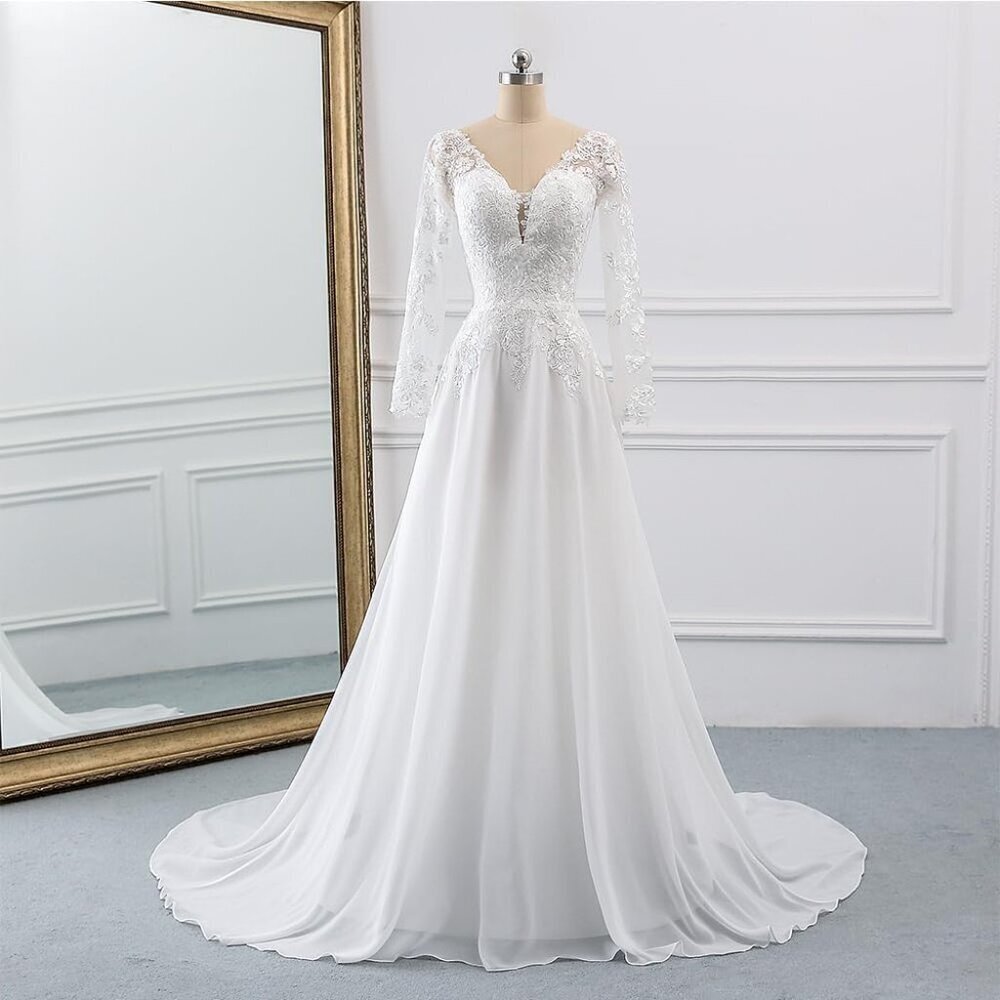 Women's Off White Chiffon A Line Long Sleeves Beach Lace Appliques Bride Dress - Picture 2 of 6